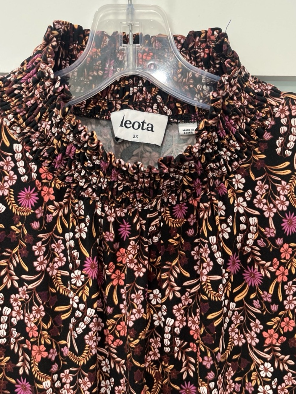 Leota Black Floral Smocked-Neck Long Sleeve Dress, Size 2X - Picture 3 of 5